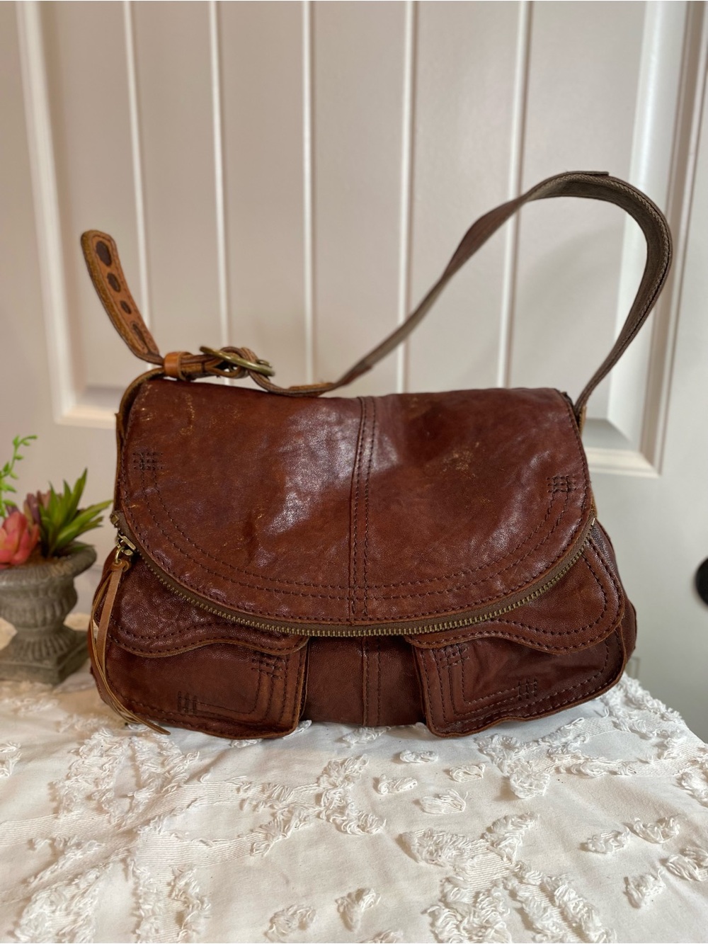 Lucky Brand Distressed Brown Leather Crossbody Saddle Bag